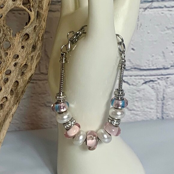 Pink Pearl Rhinestone Slide Charm Bracelet 7" - Picture 2 of 8